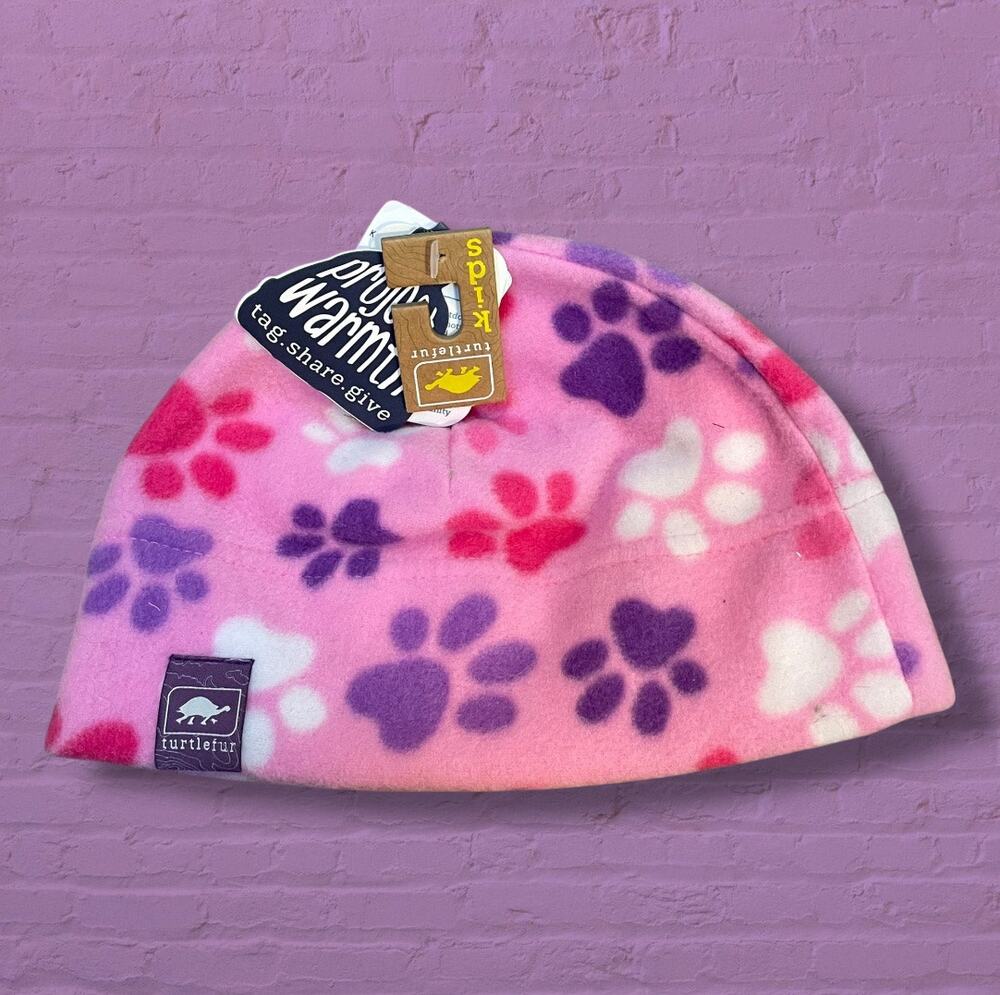 Turtle Fur Kids Fleece Beanie Hat 3-6 Yr Pink Paw Prints Playful Print Cozy Snow